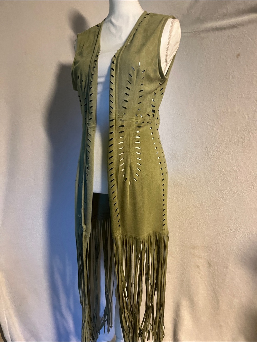 Adore Olive Green suede leather Asymmetrical Fringe Vest Dress